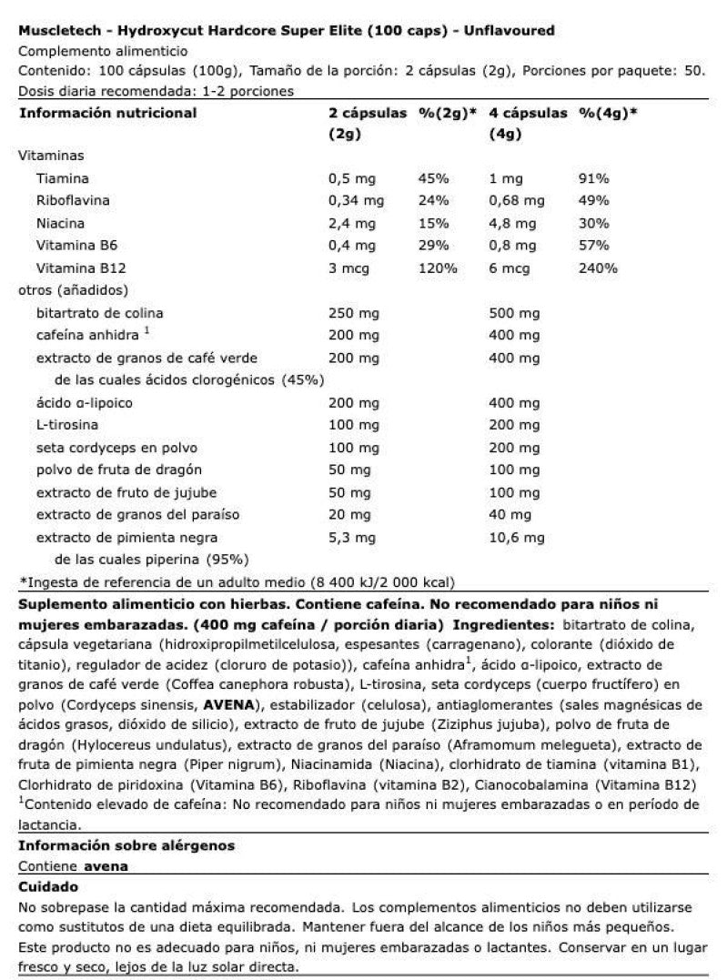 Hydroxycut Hardcore Super Elite - 100 Cápsulas vegetales